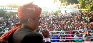 Congress leader Ghulam Nabi Azad addressing a public meeting on Tuesday.