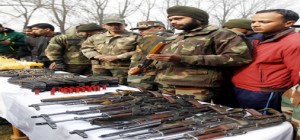 Army displaying arms and ammunition recovered from recent encounters at Badami Bagh in Srinagar on Sunday.  -Excelsior/Amin War 