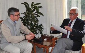 Chief Minister Omar Abdullah handing over resignation letter to Governor N N Vohra at Raj Bhavan in Jammu on Wednesday.