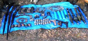 Arms and ammunition recovered by Army and police at Bharat in Doda on Tuesday.