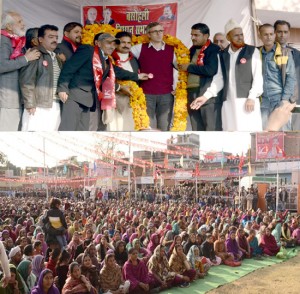 Chief Minister Omar Abdullah addressing a public meeting at Basohli on Monday.