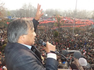 Mohammad Yousuf Tarigami addressing public gathering at Kulgam on Sunday. 