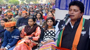 BJP candidate for Jammu East Rajesh Gupta addressing election meeting at Mubarak Mandi on Thursday.