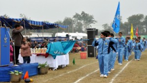 Students of Air Force School Jammu presenting March Past while celebrating Annual Sports Day.
