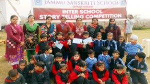 Winners of Storytelling Competition posing for a photograph at Jammu Sanskriti School.