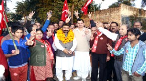 Dharamveer Singh Jamwal campaigning in Jammu-West constituency on Thursday.