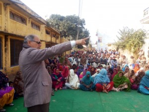 Independent candidate B R Kundal addressing public meeting in R S Pura on Tuesday.