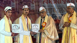 Neeraj and Ranjeet receiving gold medals from Governor of UP, Ram Naik at Convocation of Sampurnanand Sanskrit Vishaw Vidyalaya, Varanasi.