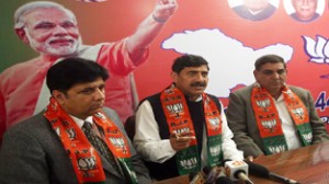 BJP State president Jugal Kishore Sharma addressing a press conference at Jammu on Tuesday.
