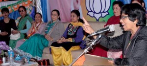 BJP Mahila Morcha national president Vijaya Rahatkar addressing a meeting at Jammu on Monday.