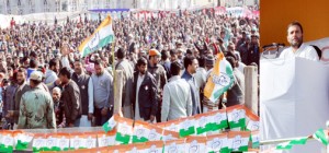 AICC vice president Rahul Gandhi addressing public rally at Darhal in Rajouri on Tuesday.-Excelsior/Bhat