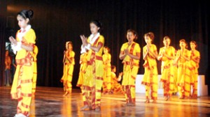 Students presenting cultural item while celebrating Annual Day at Global Convent Higher Secondary School in Jammu.