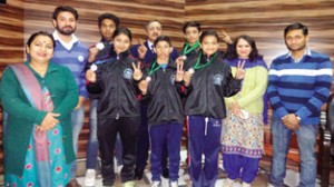 Medalist fencers posing along with DG Sports Navin Agarwal and other dignitaries on Wednesday.
