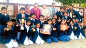 Medal winners in Karate Championship being felicitated at KNIT Green Model Academy in Jammu.