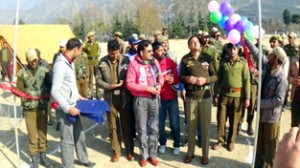 Chief guest and other dignitaries releasing balloons while inaugurating T-20 at Chowgan in Kishtwar. 