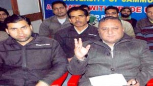 Employees leaders addressing press conference at Jammu on Wednesday.  - Excelsior/Rakesh