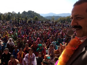 Union Minister Dr Jitendra Singh at a public meeting during the election tour of Basohli Assembly constituency on Saturday.