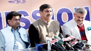 BJP President, Jugal Kishore Sharma addressing a press conference at Jammu on Wednesday.        -Excelsior/Rakesh