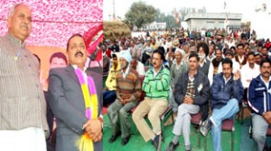 Union Minister Dr Jitendra Singh at a public meeting during election tour of R.S Pura and Suchetgarh Assembly Constituencies on Friday.