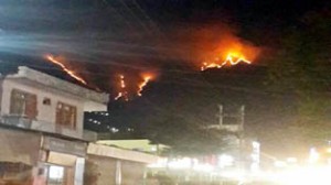 Fire in Trikuta Hills seem engulfing areas near Adh-Kunwari on Friday evening.