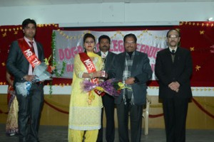 Mr and Miss Talented being felicitated at Dogra College of Education on Monday.