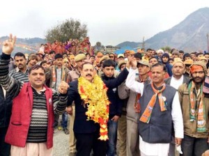 Union Minister Dr Jitendra Singh at a public meeting during his election tour of Bani Assembly constituency  on Saturday.