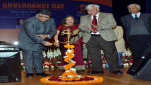 Ravi Shankar Prasad, Union Minister for Communications & IT, lighting the lamp on “Good Governance Day” in presence of R S Sharma Secretary, Department of Electronics & Information Technology.