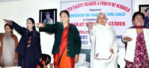 First Lady, Usha Vohra along with others taking pledge to save the girl child at a function in Jammu on Saturday.