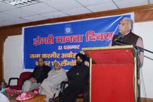 Prof Lalit Gupta speaking at a function organised by JKAACL in connection with ‘Dogri Maanta Divas’ in Jammu.