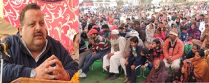 Provincial President NC Devender Singh Rana addressing public gathering in Nagrota Assembly segment on Tuesday.