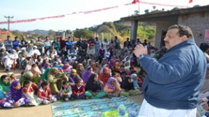 Provincial President NC Devender Singh Rana addressing public gathering at Jammu on Monday.