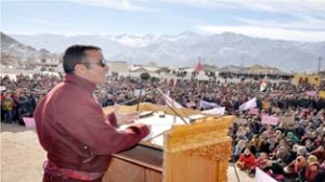 President LBA addressing rally at Polo Ground, Leh on Thursday.