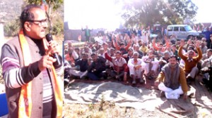 Dr Nirmal Singh, BJP candidate addressing an election rally in Billawar on Thursday. -Excelsior/ Madan