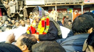 PDP president Mehbooba Mufti during road show in Shopian on Friday.