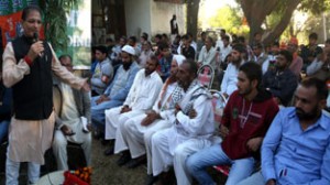 BJP candidate addressing an election meeting at Bathindi on Wednesday.