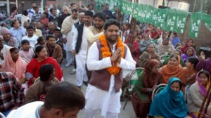 PDP candidate Bharat Chowdhary campaigning in Jammu-East on Monday.