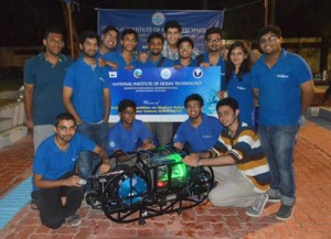 Winning team of SRM University posing for a group photograph along with their designed Underwater Vehicle. 