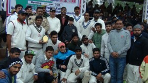  Winning team posing for group photograph alongwith officials during 5th Police Martyrs Memorial North Zone Inter Club T20 Cricket Tournament at Kathua on Wednesday.