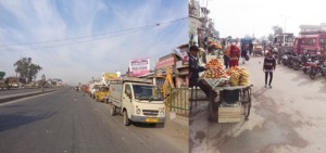 Idle parking on NH at Kalibari (L) and encroachment on service lanes at Vijaypur(R) in Samba. —Excelsior/Magotra & Gautam