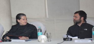 Congress President Sonia Gandhi and Vice President Rahul Gandhi at the Congress Working Committee meeting in New Delhi on Tuesday.(UNI)