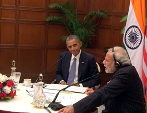 Prime Minister Narendra Modi and the US President Barack Obama recording the special episode of “Mann Ki Baat” in New Delhi on Tuesday.