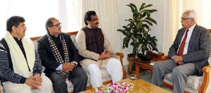 BJP leaders during a meeting with Governor NN Vohra at Raj Bhawan, Jammu on Wednesday.