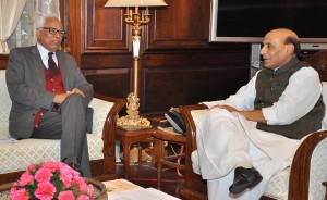 Union Home Minister Rajnath Singh and Governor N N Vohra during a meeting in New Delhi on Friday.