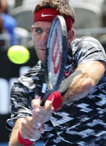 Argentina's Juan Martin Del Potro hits a shot during his first round match against Ukraine's Sergiy Stakhovsky at the Sydney International Tennis Tournament.