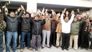 Protesting BSNL employees raising slogans in support of their demands on Tuesday.