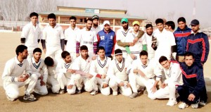 Winning team posing for group photograph during BPL at Bandipora, Srinagar on Thursday. -Excelsior/Aabid Nabi