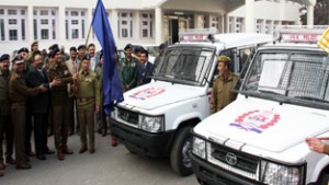 DGP K Rajendra flagging off new vehicles for police stations on Thursday.