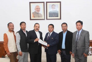 A deputation of Manipur Autonomous District Councils led by Chairman of Charanchandpur District Council, Langkhanpau Guite presenting a memorandum to Union DoNER Minister Dr Jitendra Singh at New Delhi on Thursday.