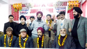 The office bearers of newly constituted Oil Tanker Owners Association posing for a photograph at Jammu on Wednesday.