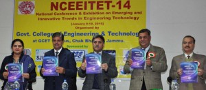 Dignitaries releasing proceedings of national conference at GCET on Friday.